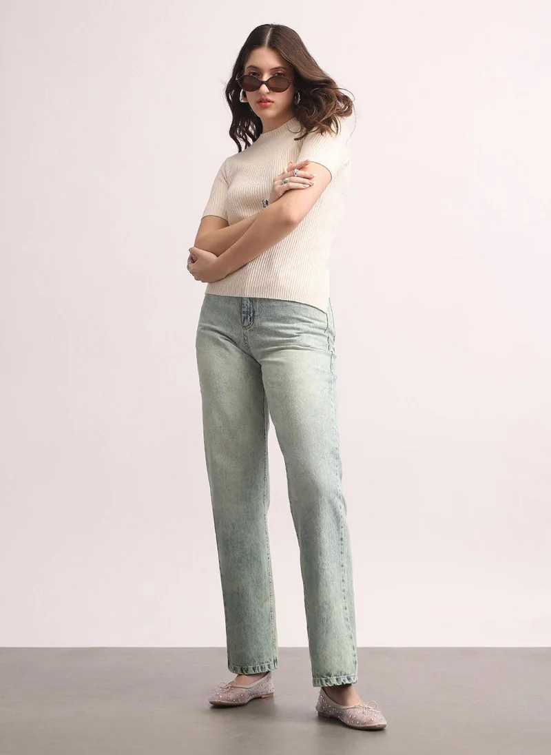 Urbano Fashion  Urbano Fashion Women's Ice Blue High Rise Straight Fit Washed Jeans Non-Stretchable for Women | Best Price UAE